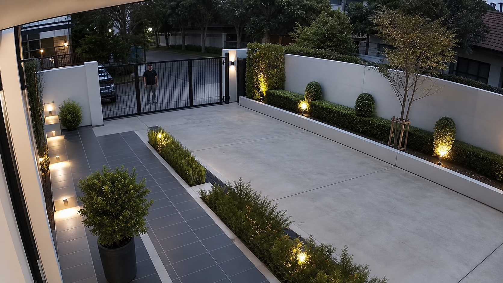 Home driveway camera view with a person detected near the gate
